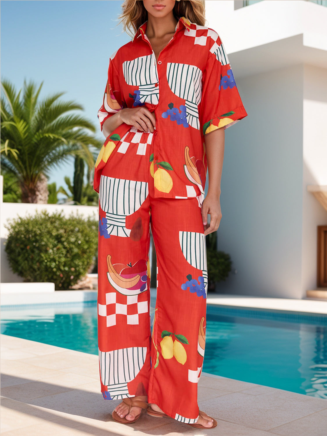 Printed Dropped Shoulder Top and Wide Leg Pants Set - Charming Charlie