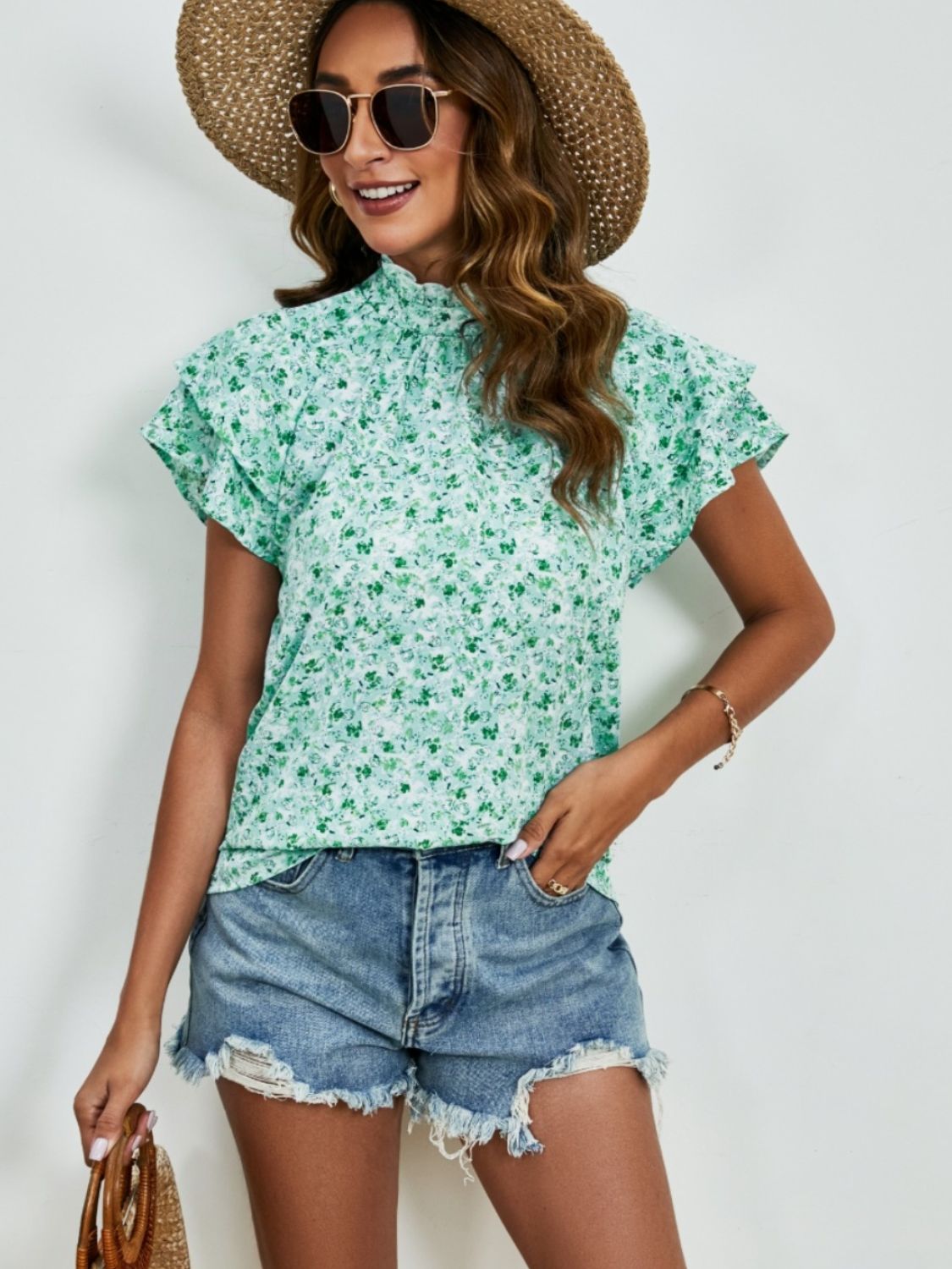 Ditsy Floral Mock Neck Flounce Sleeve Blouse - Charming Charlie
