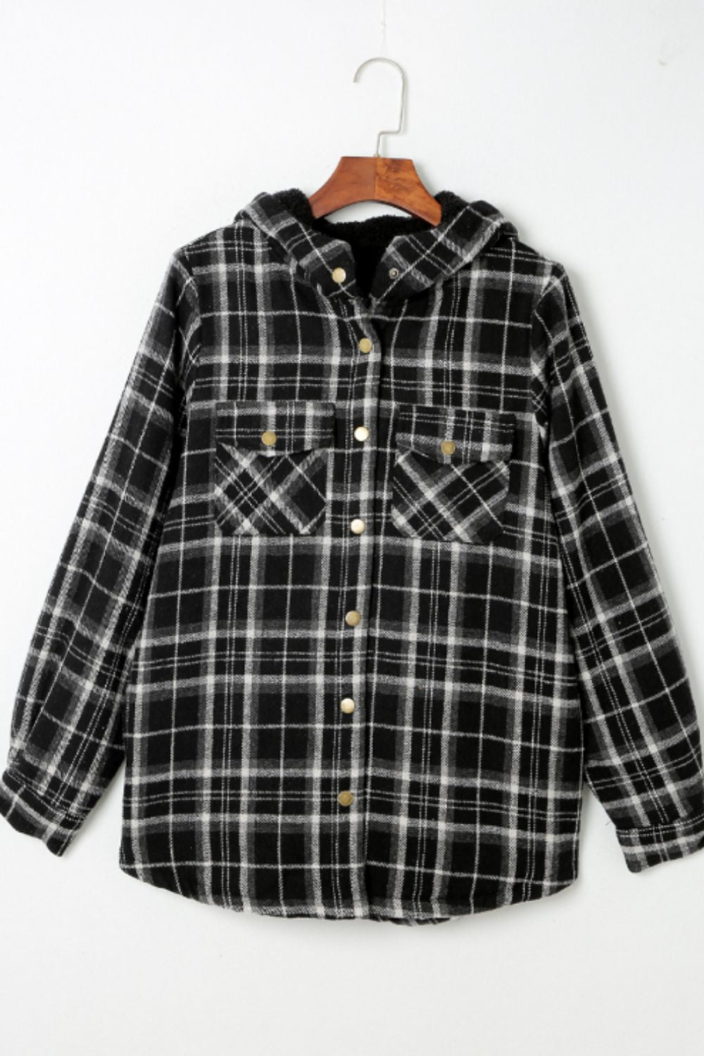 Plaid Button Up Long Sleeve Hooded Jacket - Charming Charlie