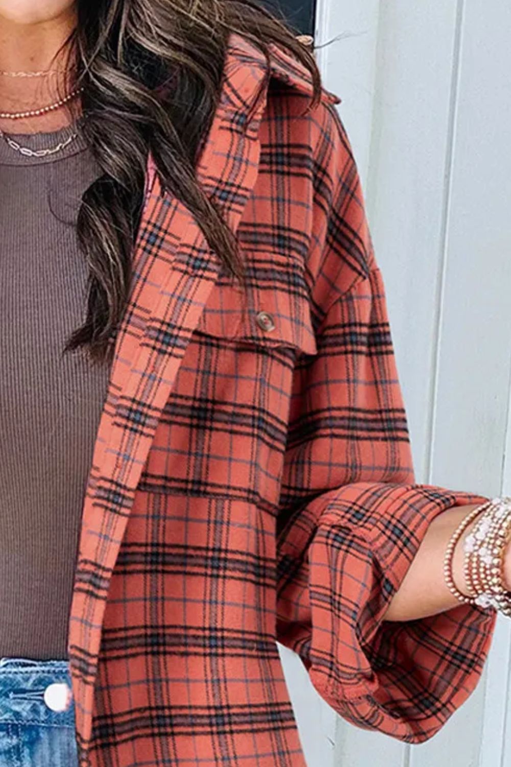 Full Size Plaid Collared Neck Long Sleeve Shirt - Charming Charlie