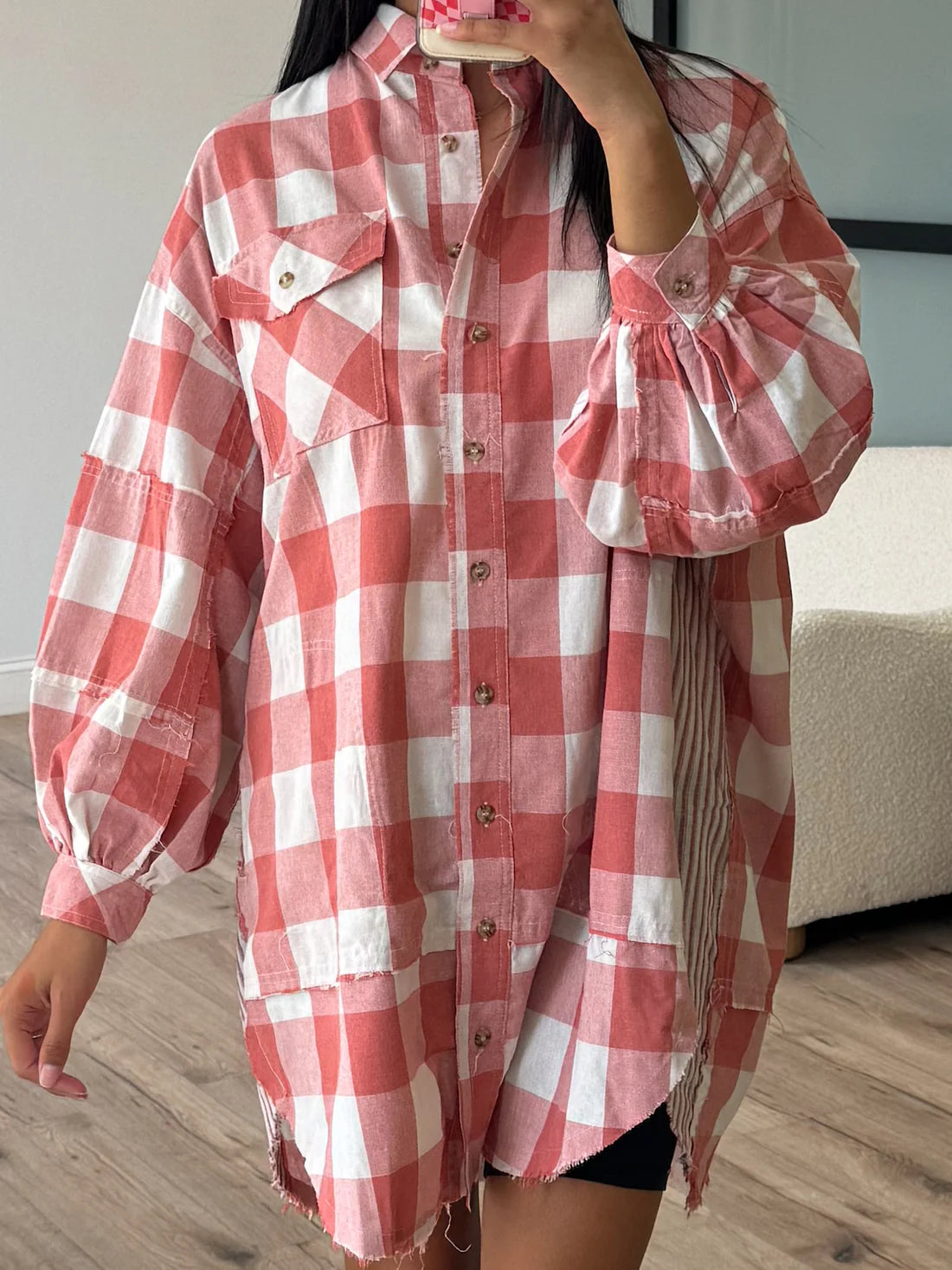 Plaid Collared Neck Long Sleeve Shirt Dress - Charming Charlie
