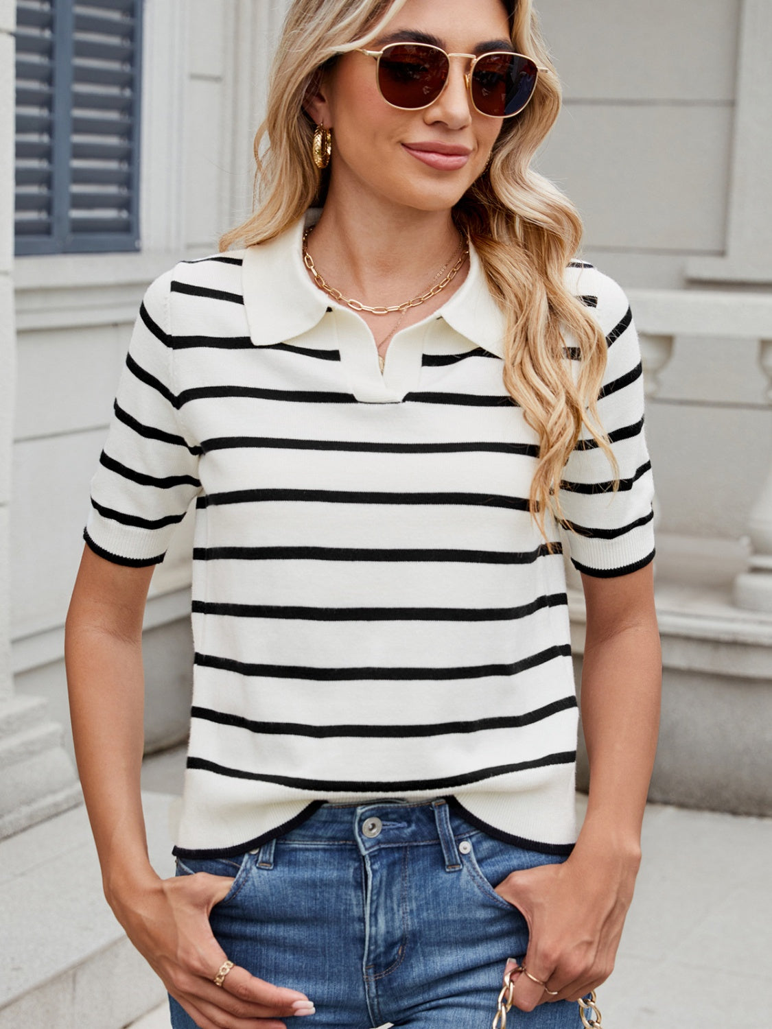 Striped Johnny Collar Short Sleeve Sweater - Charming Charlie
