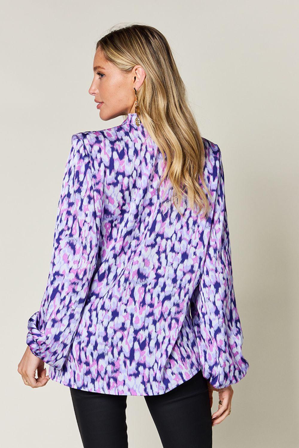 Double Take Full Size Printed Ruffle Trim Balloon Sleeve Shirt - Charming Charlie