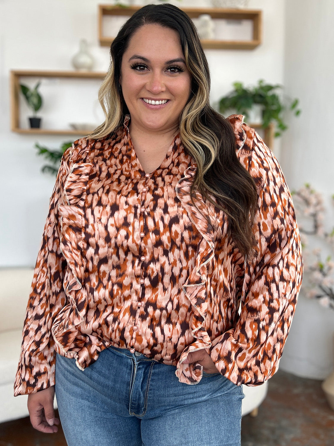 Double Take Full Size Printed Ruffle Trim Balloon Sleeve Shirt - Charming Charlie