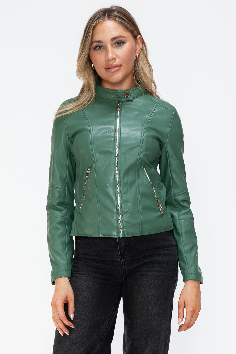 Snobbish Faux Leather Zip Up Drawstring Hooded Jacket - Charming Charlie