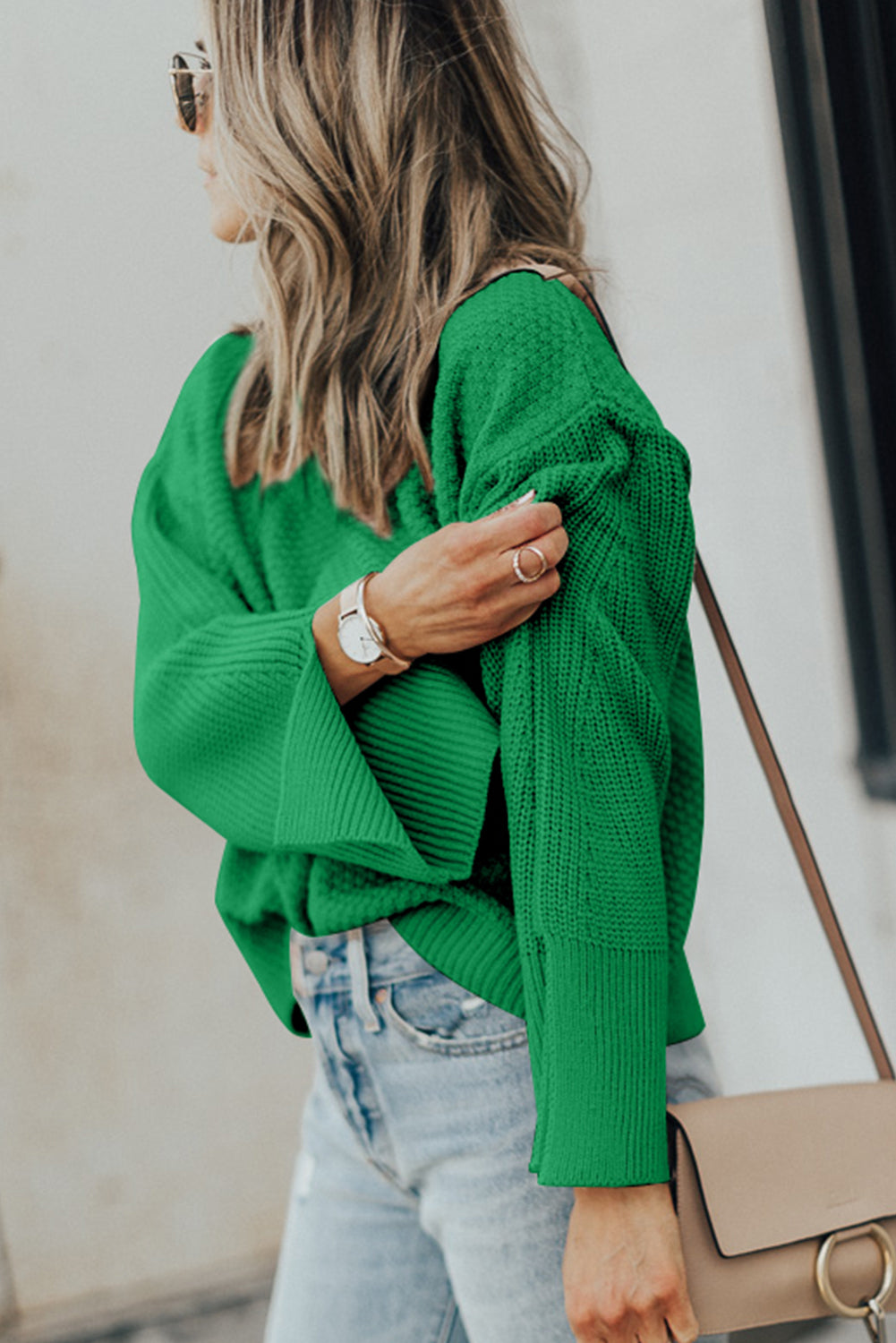 Textured Round Neck Long Sleeve Sweater - Charming Charlie