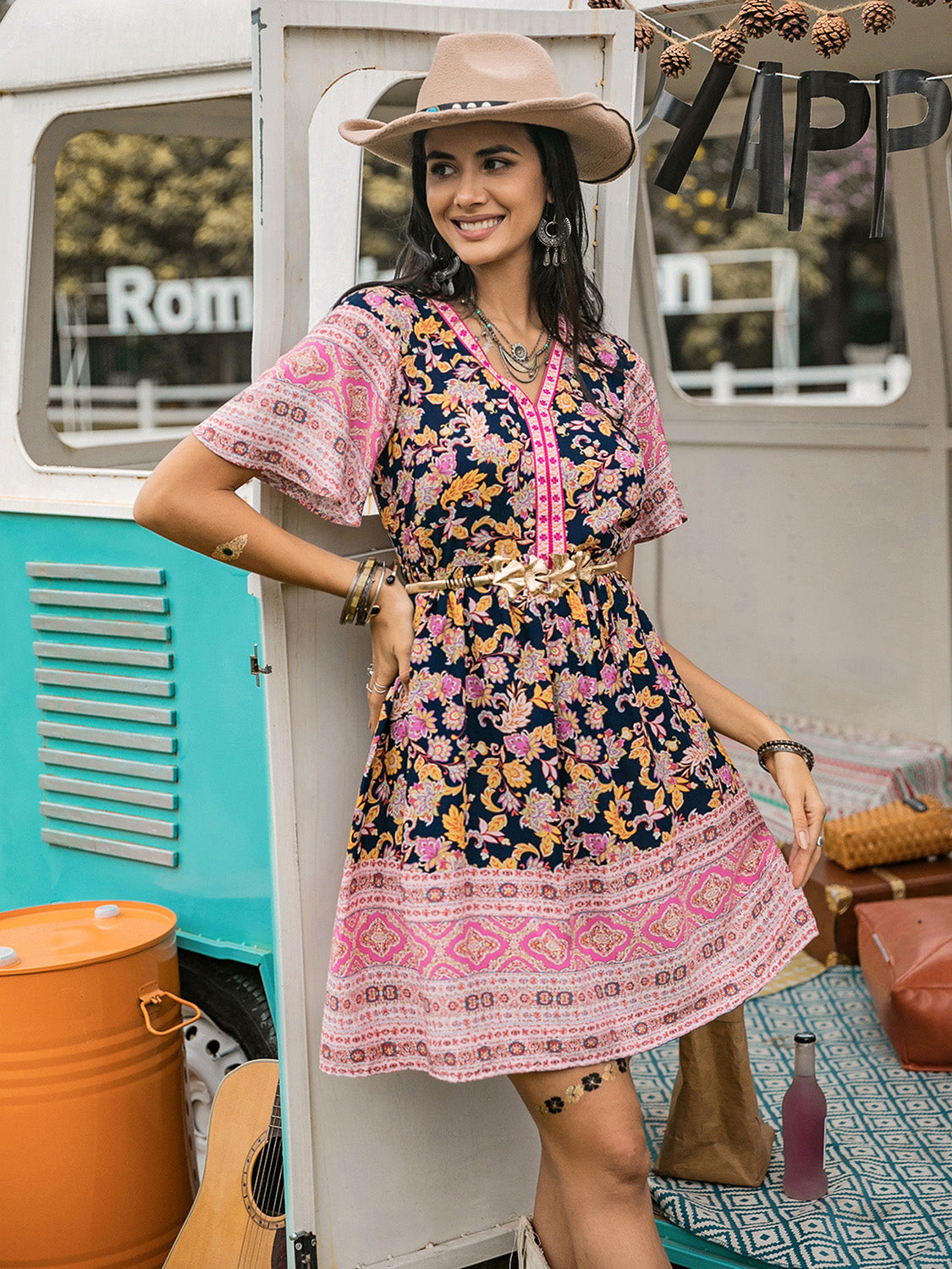 Printed V-Neck Short Sleeve Dress - Charming Charlie