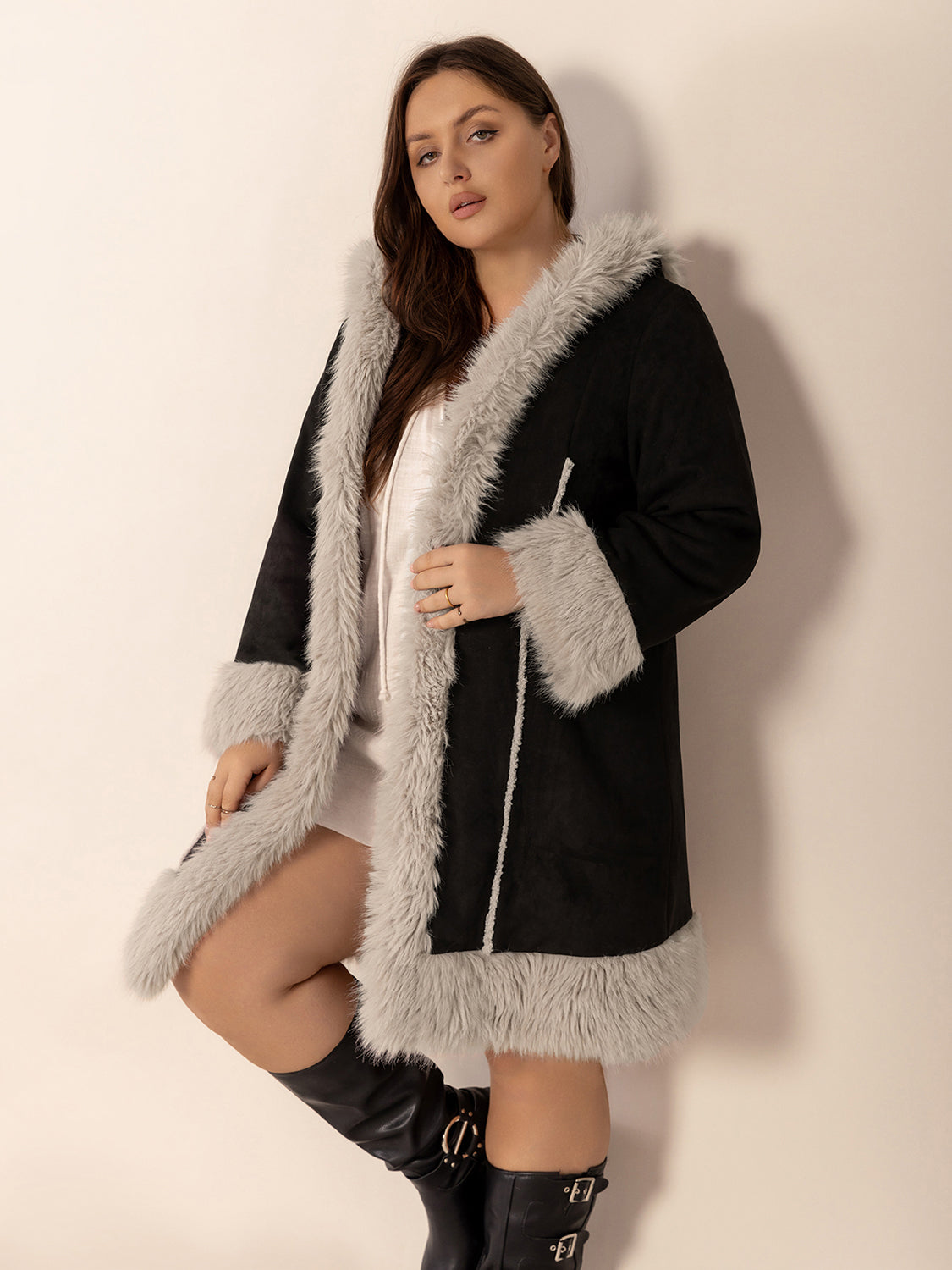 Plus Size Fuzzy Trim Open Front Long Sleeve Hooded Coat - Charming Charlie