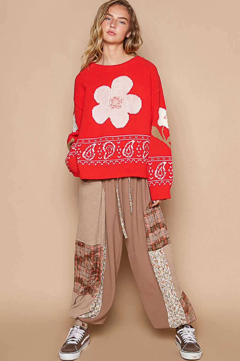 POL Flower Lace Patch Long Sleeve Sweater - Charming Charlie