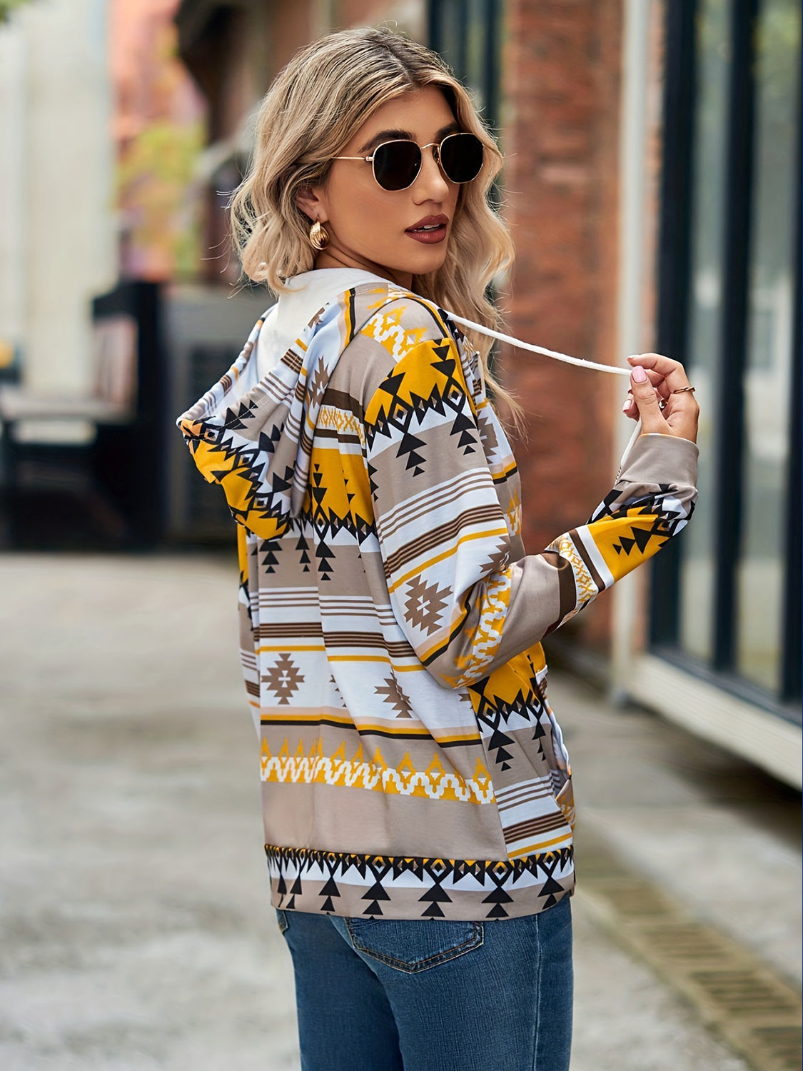 Geometric Zip Up Long Sleeve Hooded Jacket - Charming Charlie