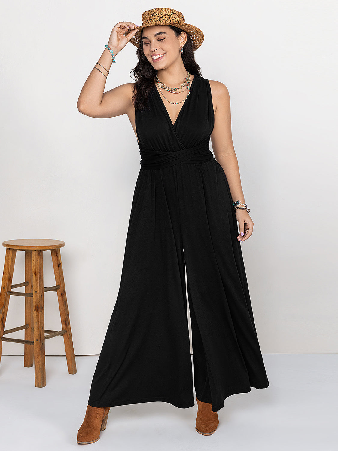 Plus Size V-Neck Wide Leg Jumpsuit - Charming Charlie