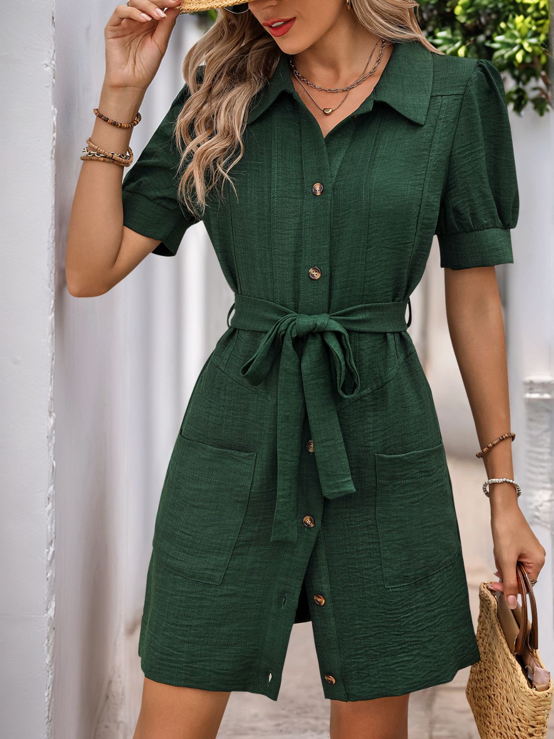 Perfee Tie Waist Button Down Short Sleeve Mini Dress - Charming Charlie