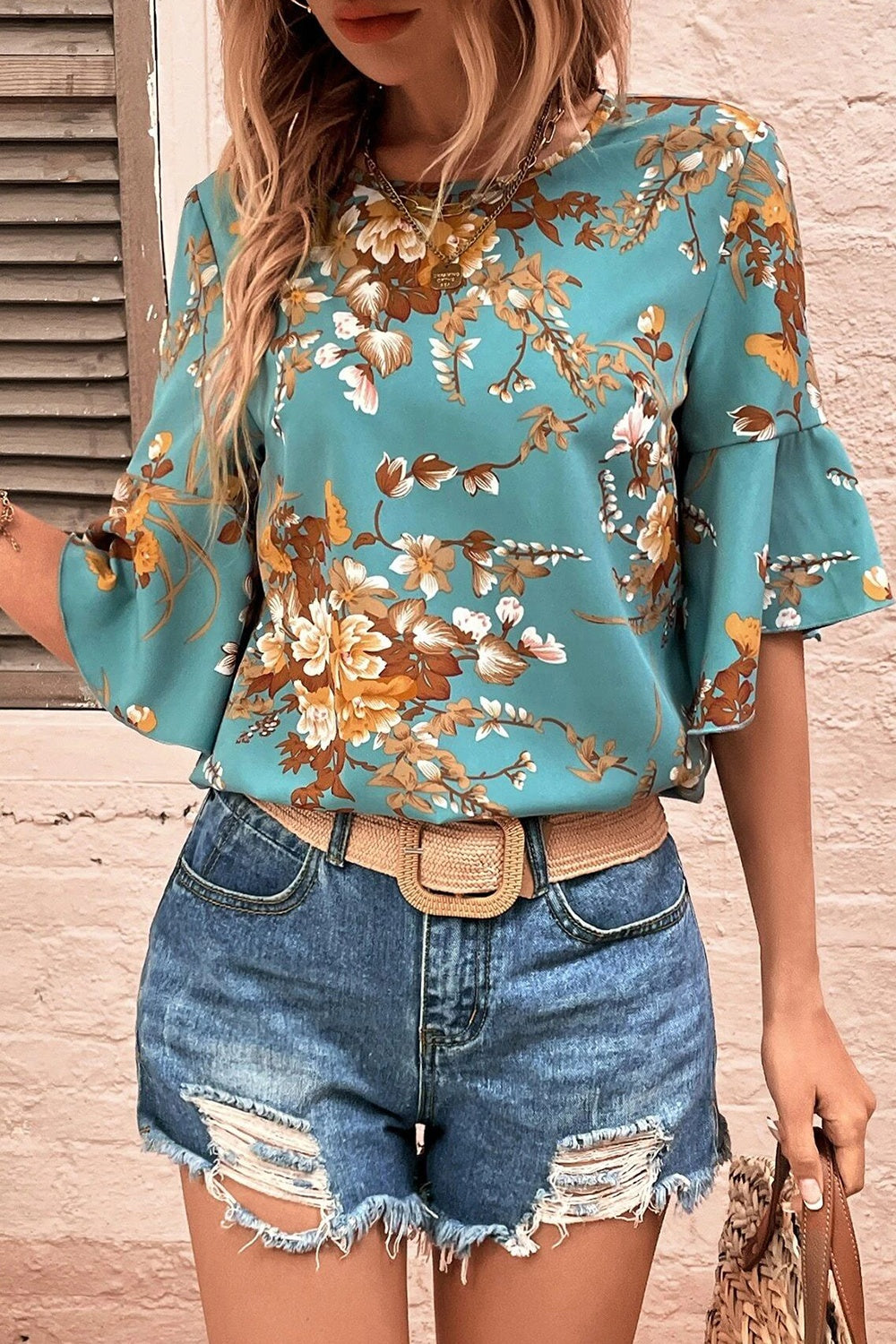 Printed Round Neck Half Sleeve Blouse - Charming Charlie