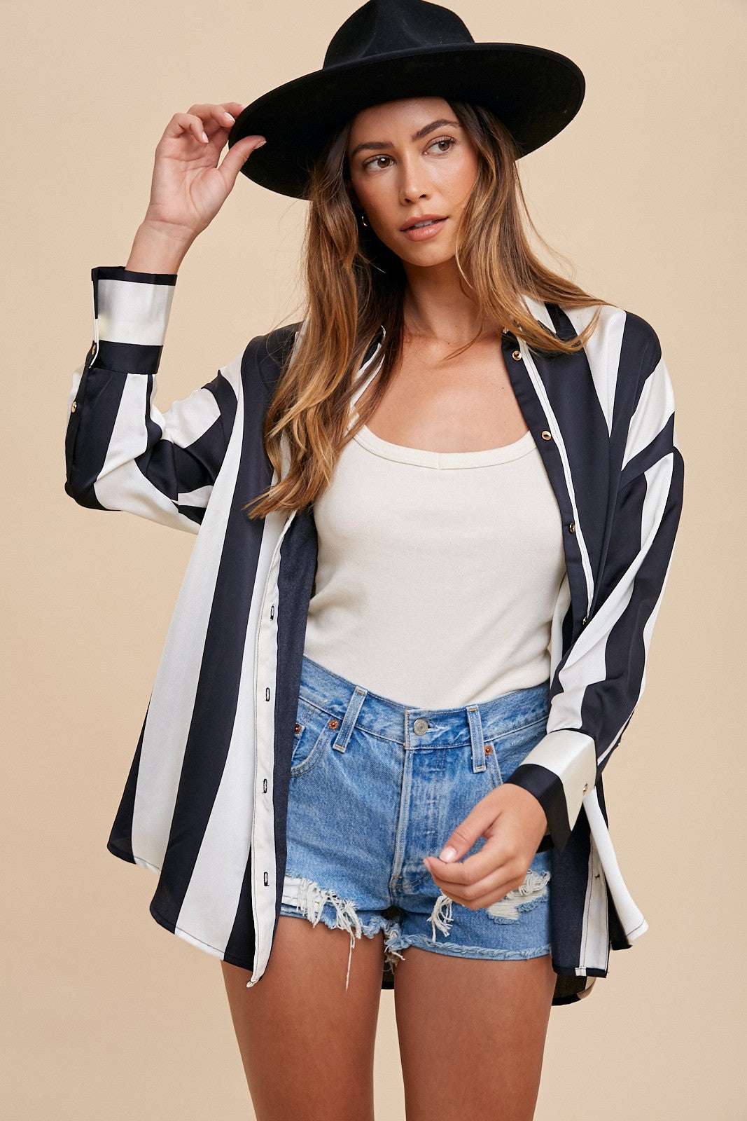 Annie Wear Striped Dropped Shoulder Button Up Shirt - Charming Charlie