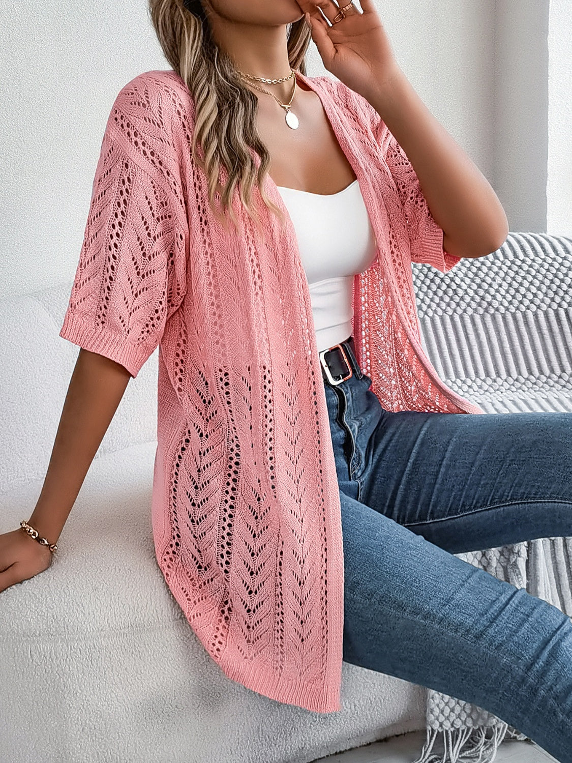 Openwork Open Front Half Sleeve Cardigan - Charming Charlie