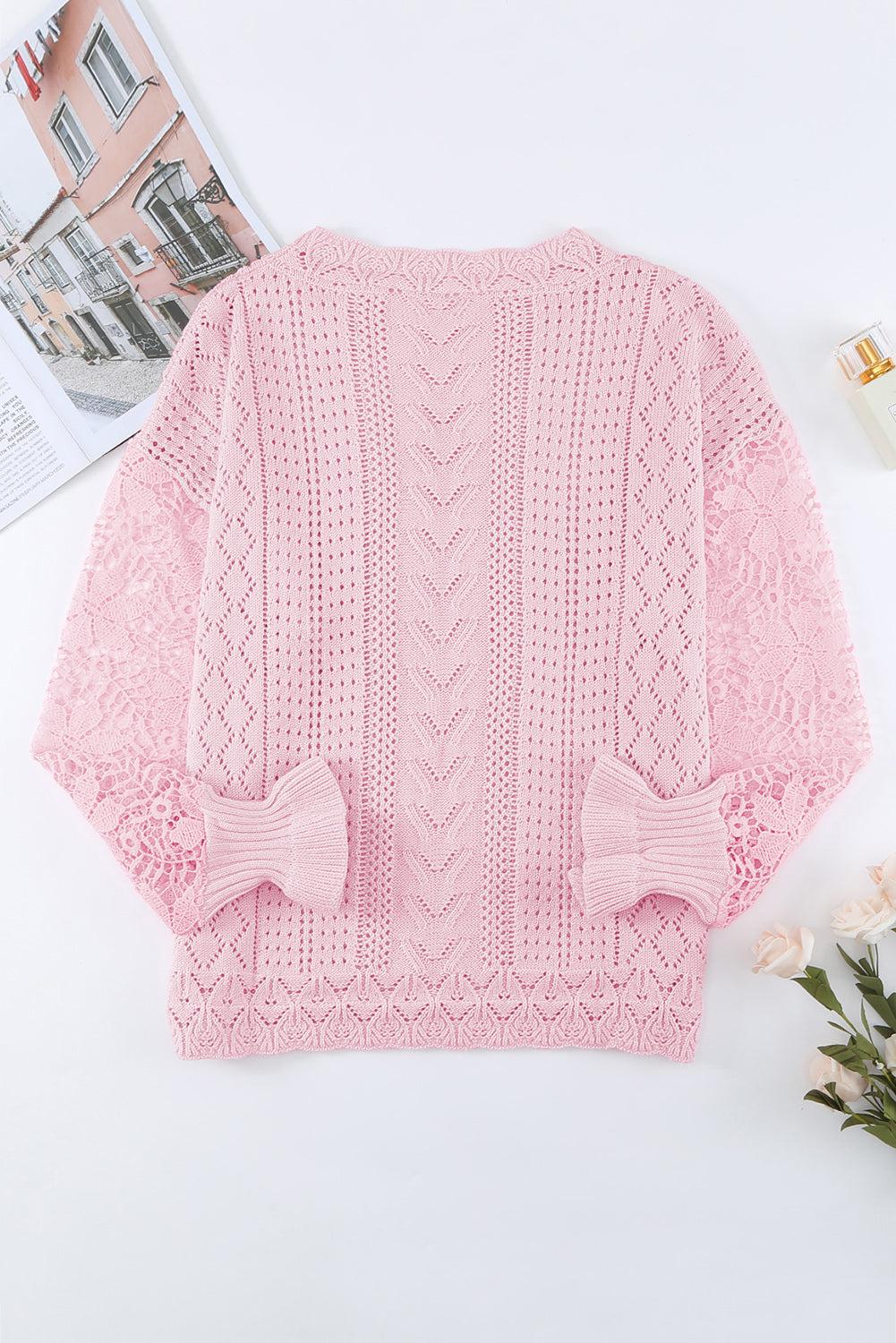 Openwork Round Neck Long Sleeve Sweater - Charming Charlie