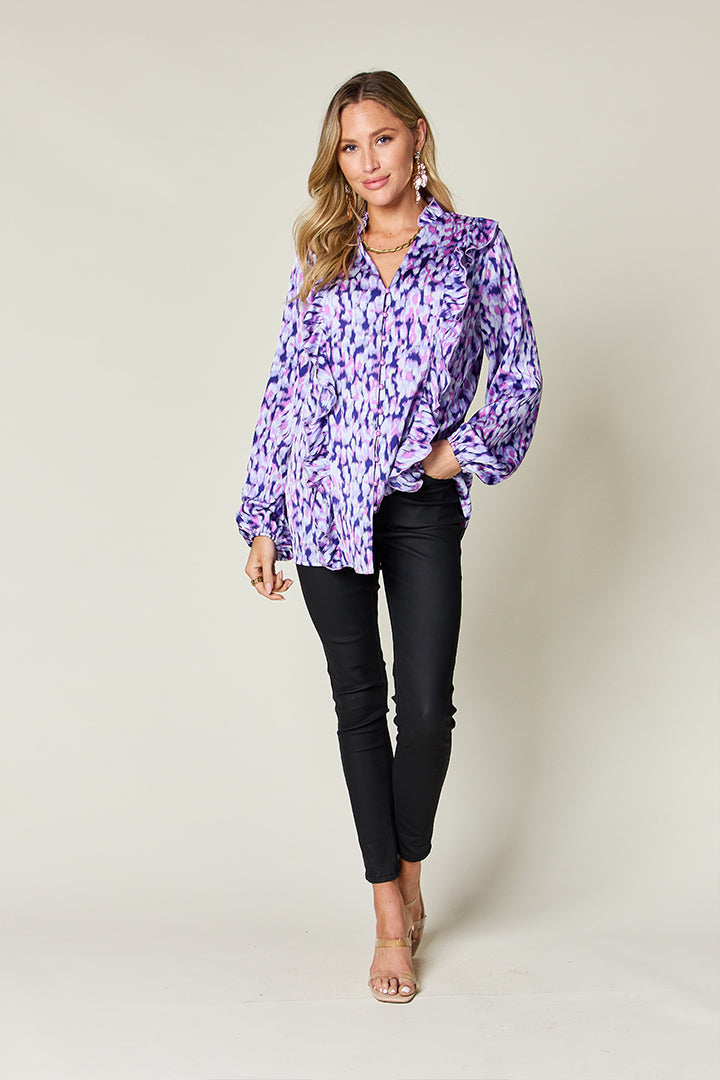 Double Take Full Size Printed Ruffle Trim Balloon Sleeve Shirt - Charming Charlie