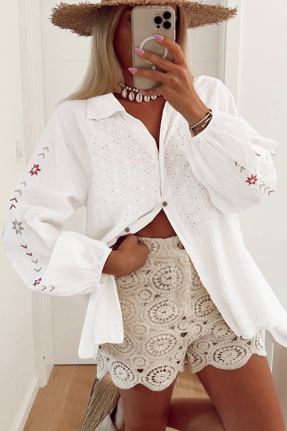 Embroidered Eyelet Collared Neck Long Sleeve Shirt - Charming Charlie