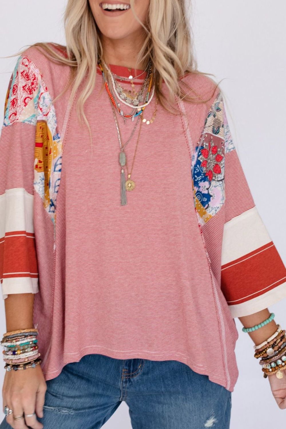 Striped Floral Patchwork Round Neck Top - Charming Charlie