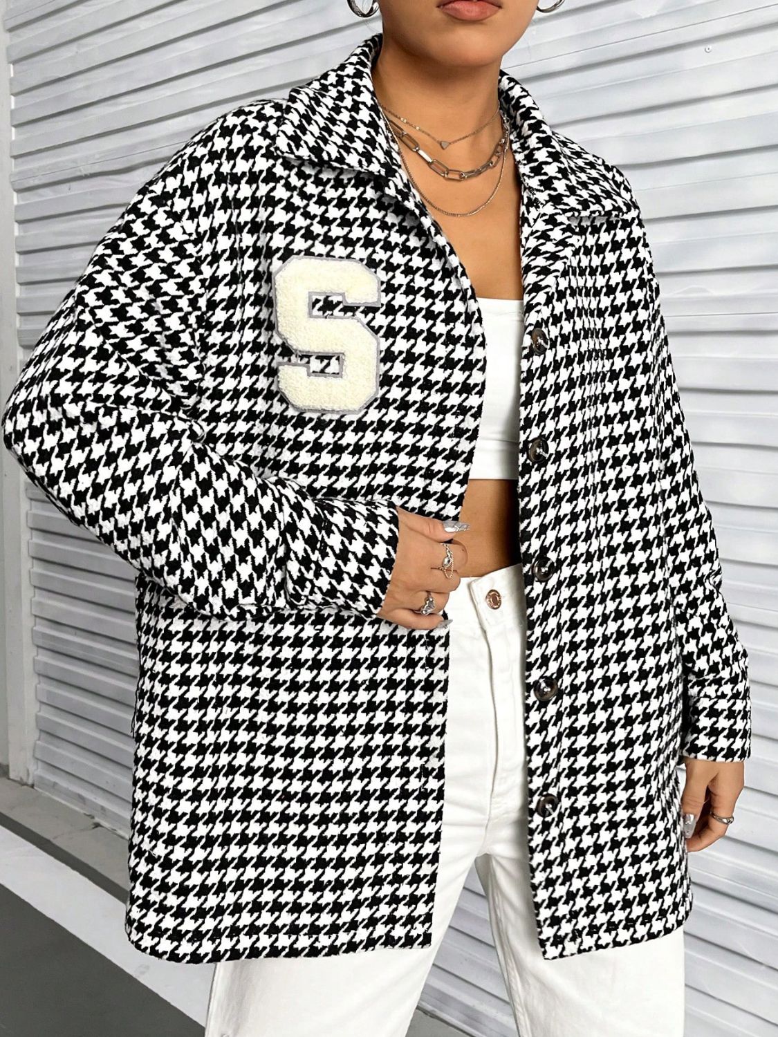 Houndstooth Button Down Long Sleeve Shacket - Charming Charlie