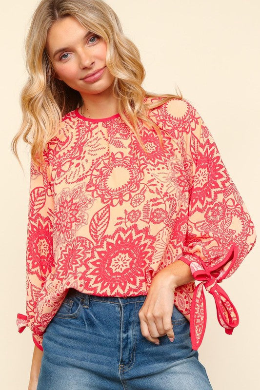 Haptics Ribbon Bow Detail Floral Round Neck Blouse - Charming Charlie