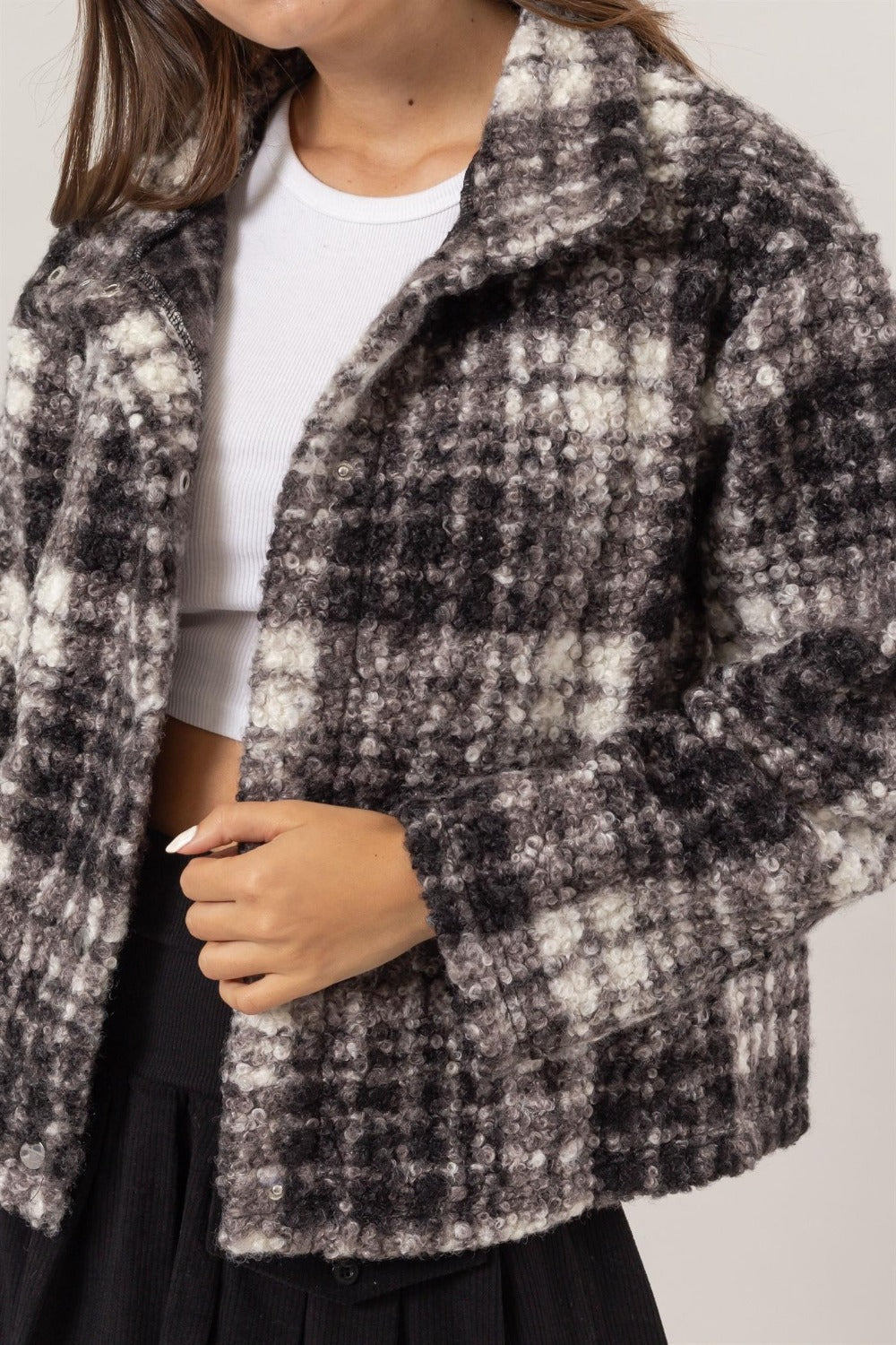 HYFVE Plaid Collared Neck Boucle Jacket with Pockets - Charming Charlie