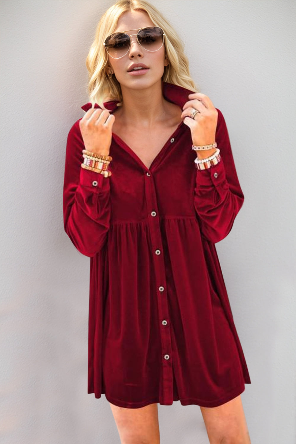 Oh Full Size Collared Neck Long Sleeve Mini Dress - Charming Charlie