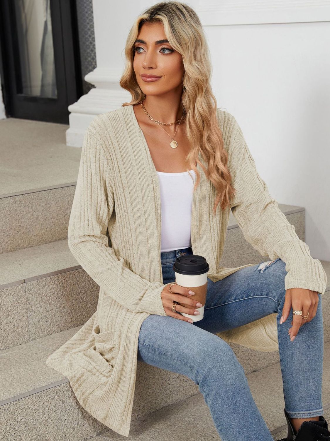 Pocketed Open Front Long Sleeve Cardigan - Charming Charlie