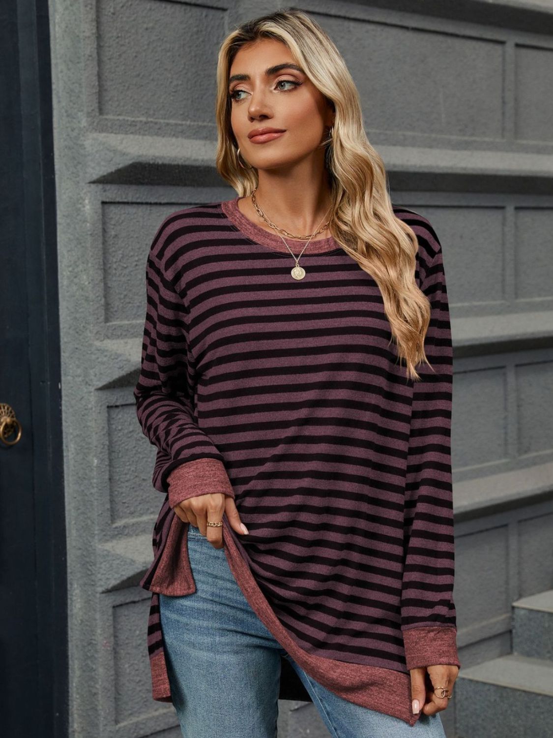 Striped Round Neck Long Sleeve T-Shirt - Charming Charlie
