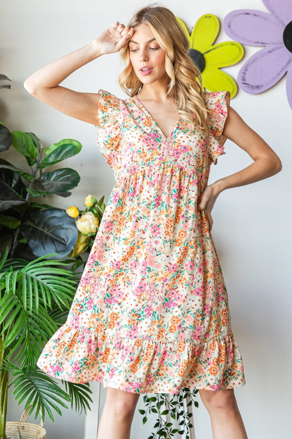 Heimish Full Size Floral Ruffled V-Neck Dress - Charming Charlie