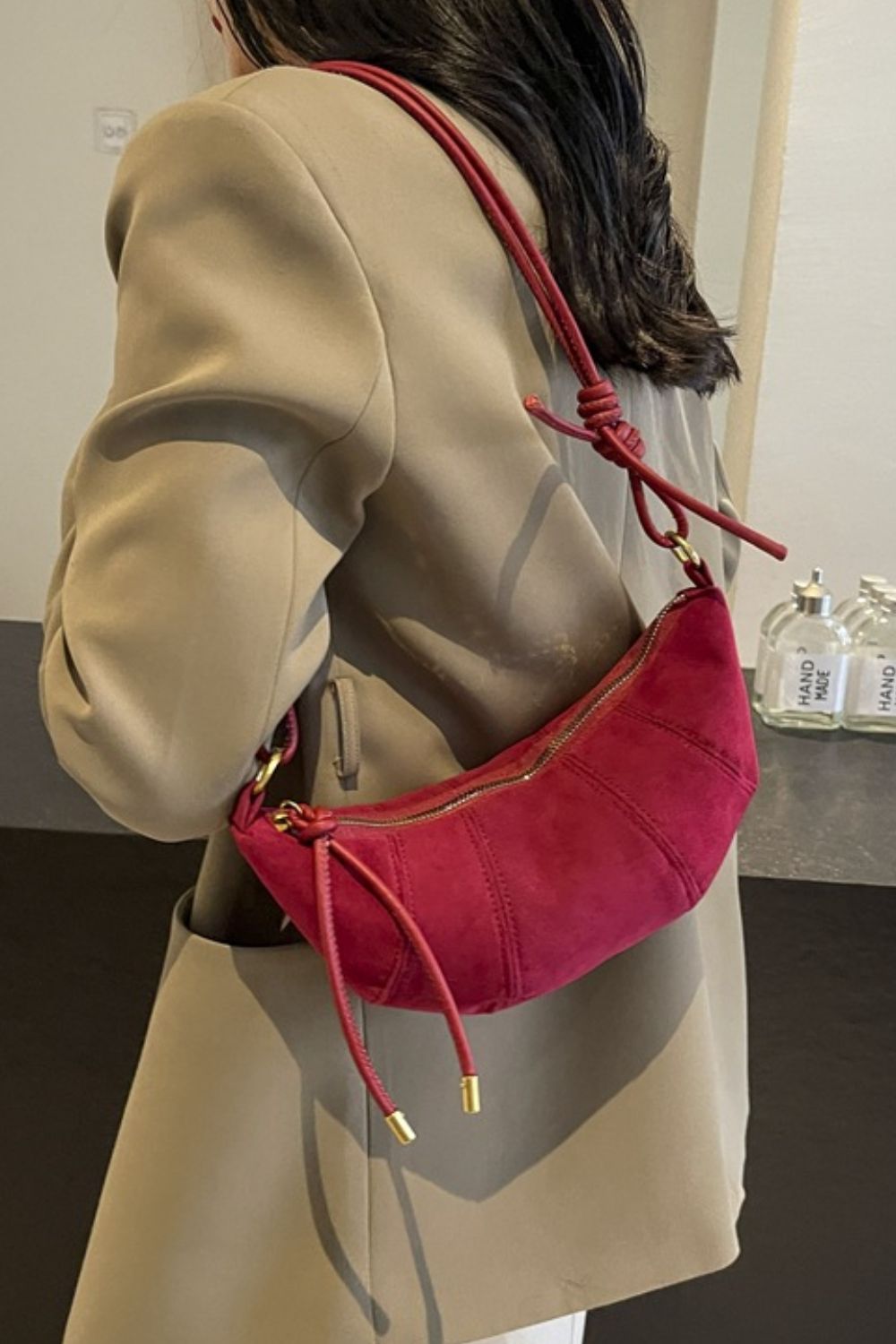 PU Leather Strap Suede Shoulder Bag - Charming Charlie