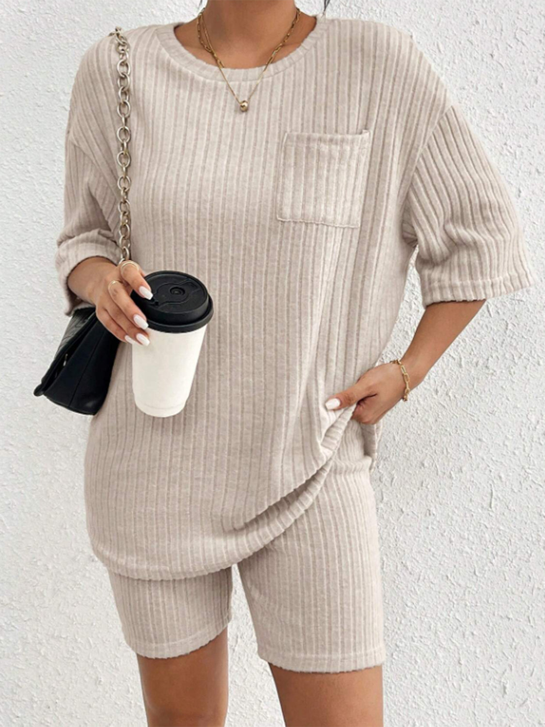 Ribbed Round Neck Top and Shorts Set - Charming Charlie