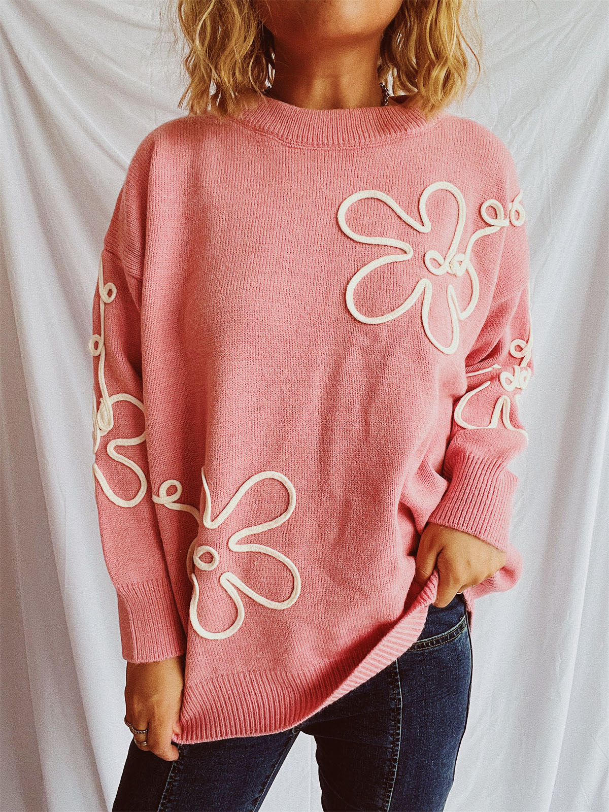 Flower Round Neck Long Sleeve Sweater - Charming Charlie