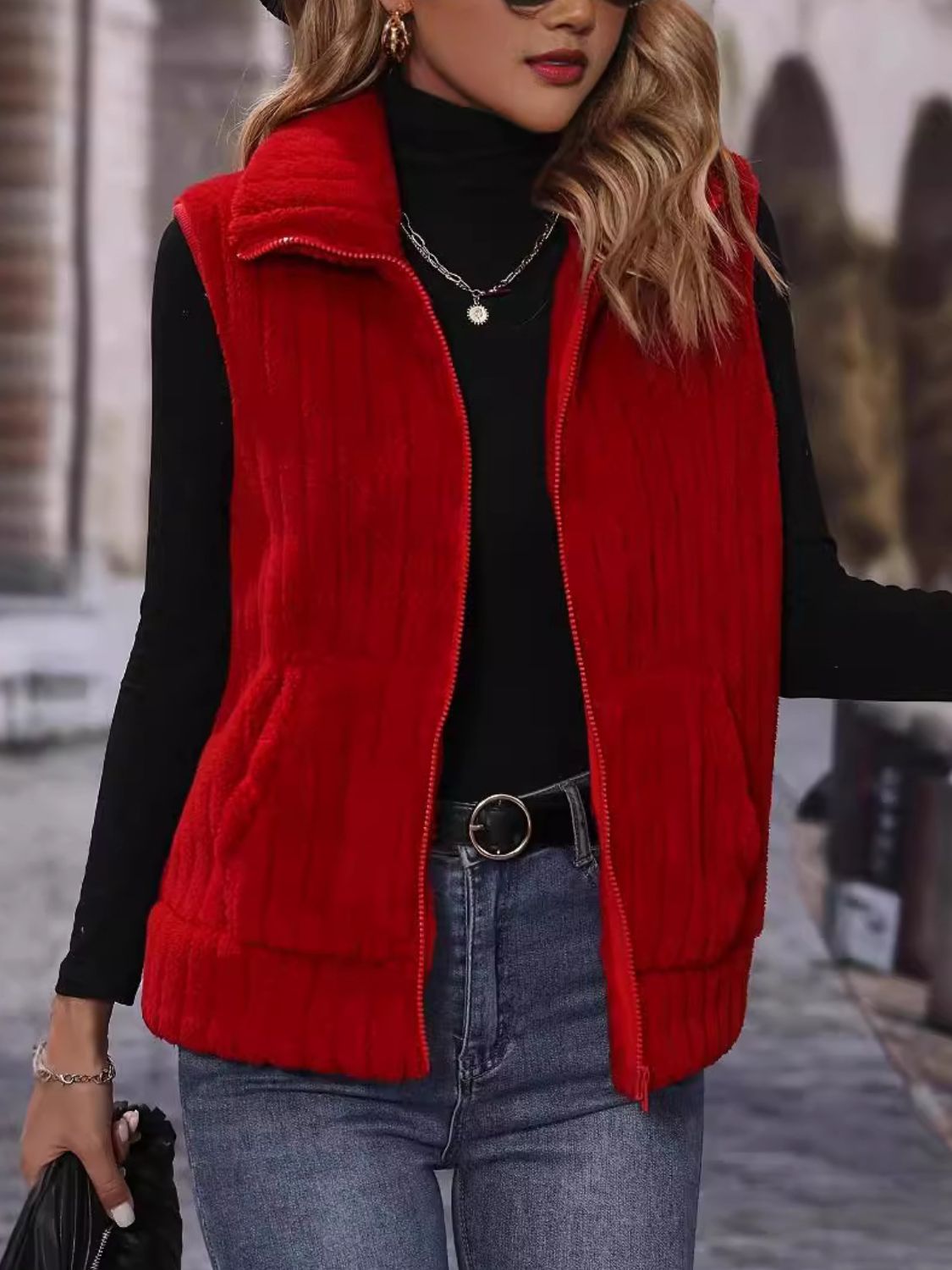 Pocketed Zip Up Vest Coat - Charming Charlie