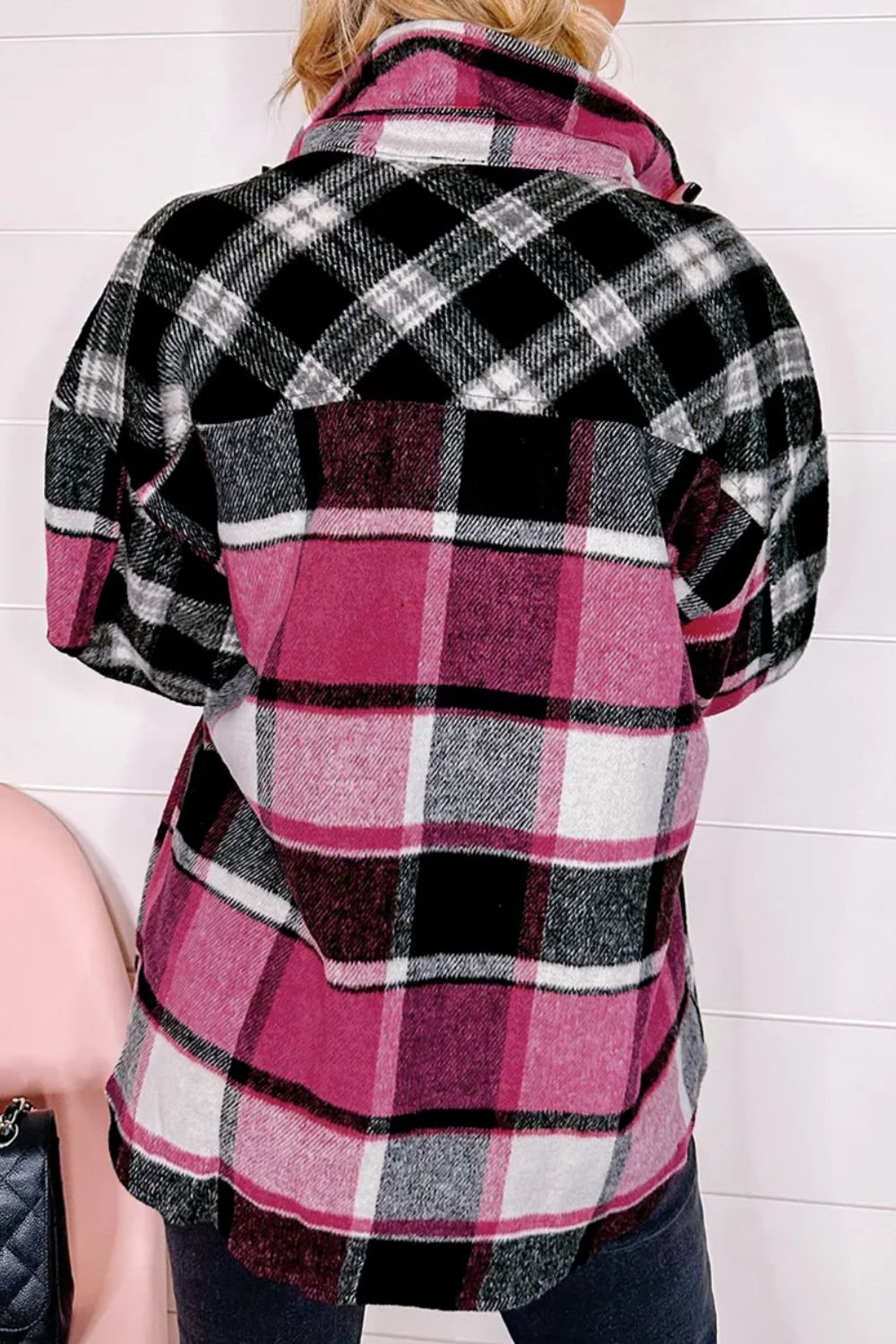 Pocketed Plaid Collared Neck Long Sleeve Shacket - Charming Charlie