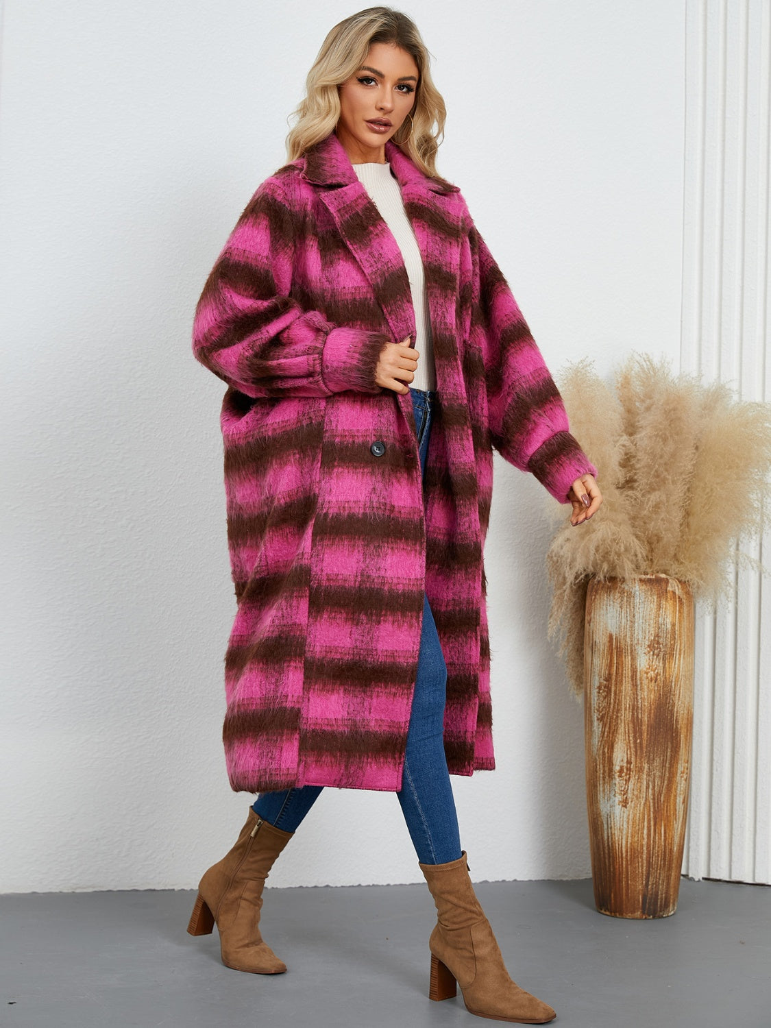 Contrast Double-Breasted Long Sleeve Longline Coat - Charming Charlie