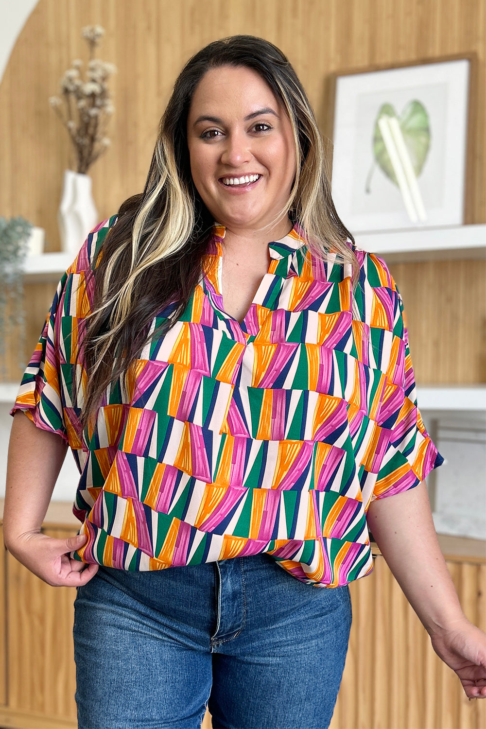 Double Take Full Size Geometric Notched Dolman Sleeve Top - Charming Charlie