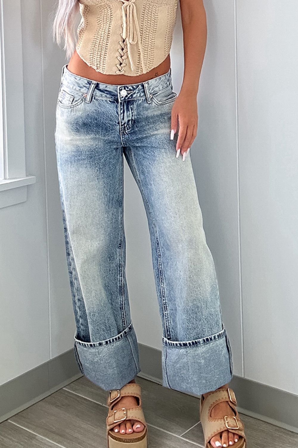 Washed Wide Leg Jeans with Pockets - Charming Charlie