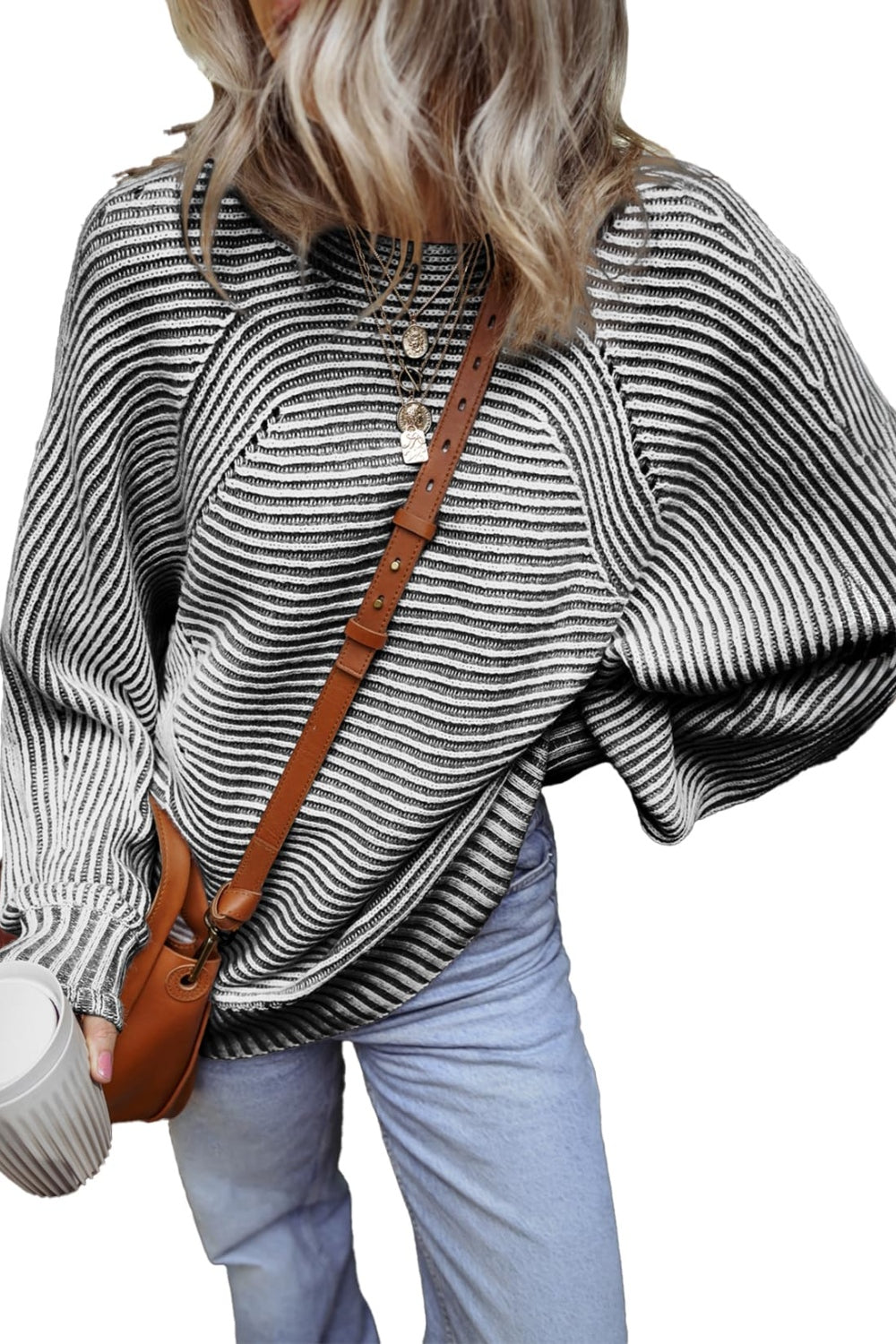 Textured Striped Round Neck Long Sleeve Top - Charming Charlie