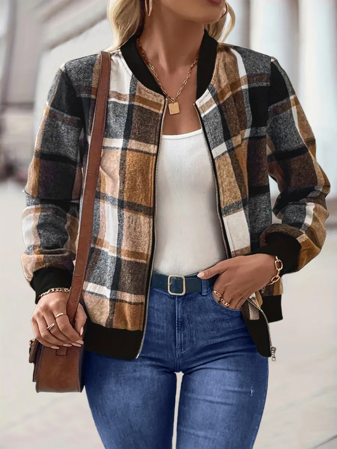 Plus Size Plaid Baseball Collar Zip Up Jacket - Charming Charlie