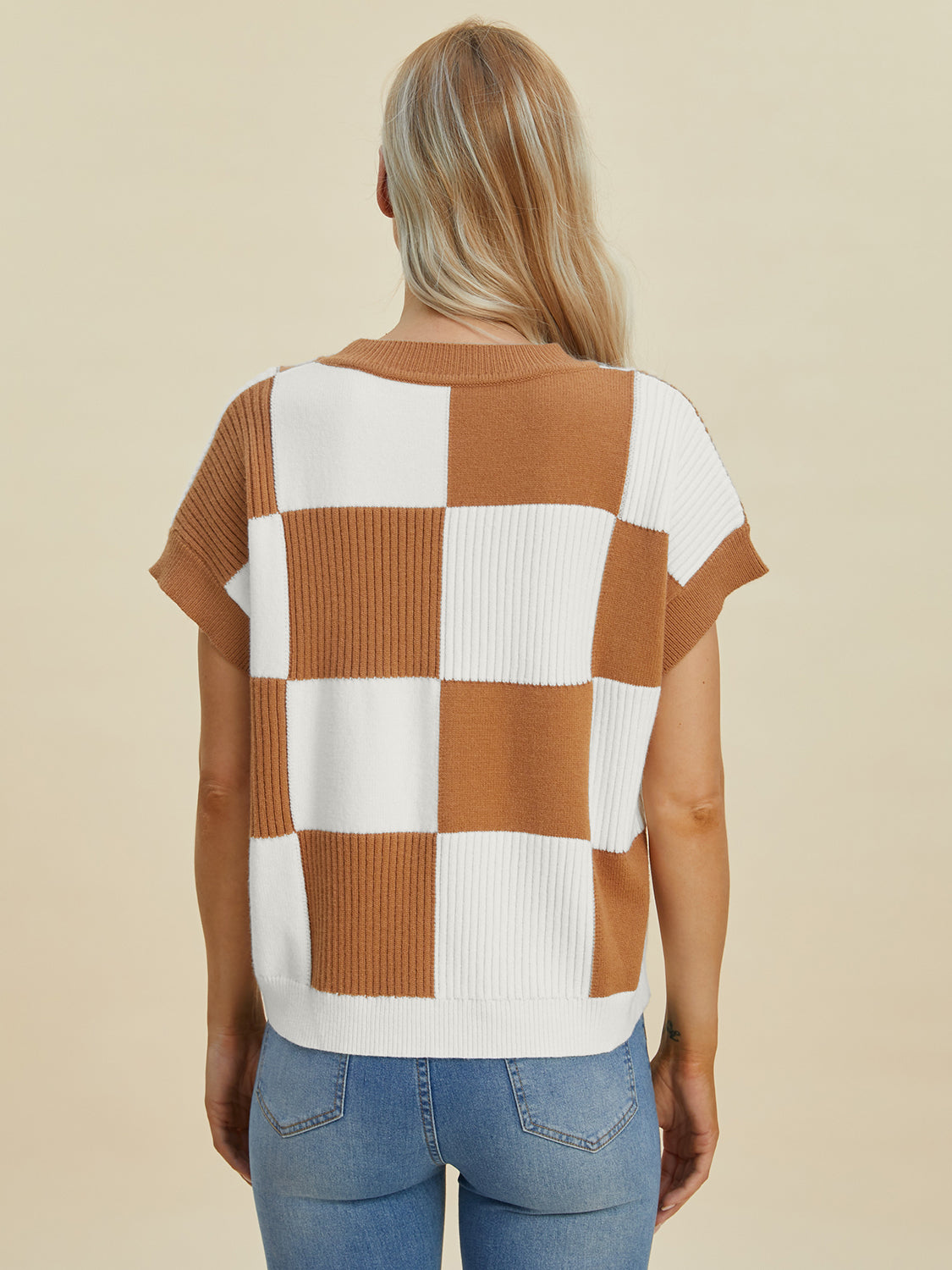 Double Take Full Size Checkered Round Neck Short Sleeve Sweater - Charming Charlie