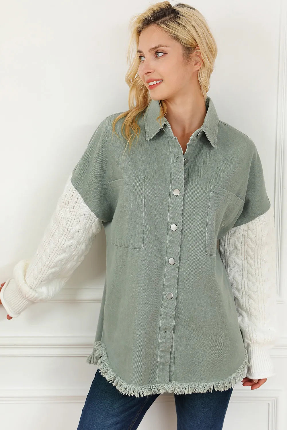 Raw Hem Collared Neck Button Up Long Sleeve Jacket - Charming Charlie