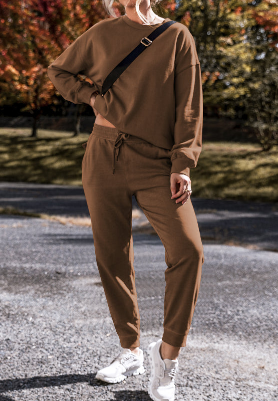 Side Slit Round Neck Long Sleeve Top and Pants Set - Charming Charlie