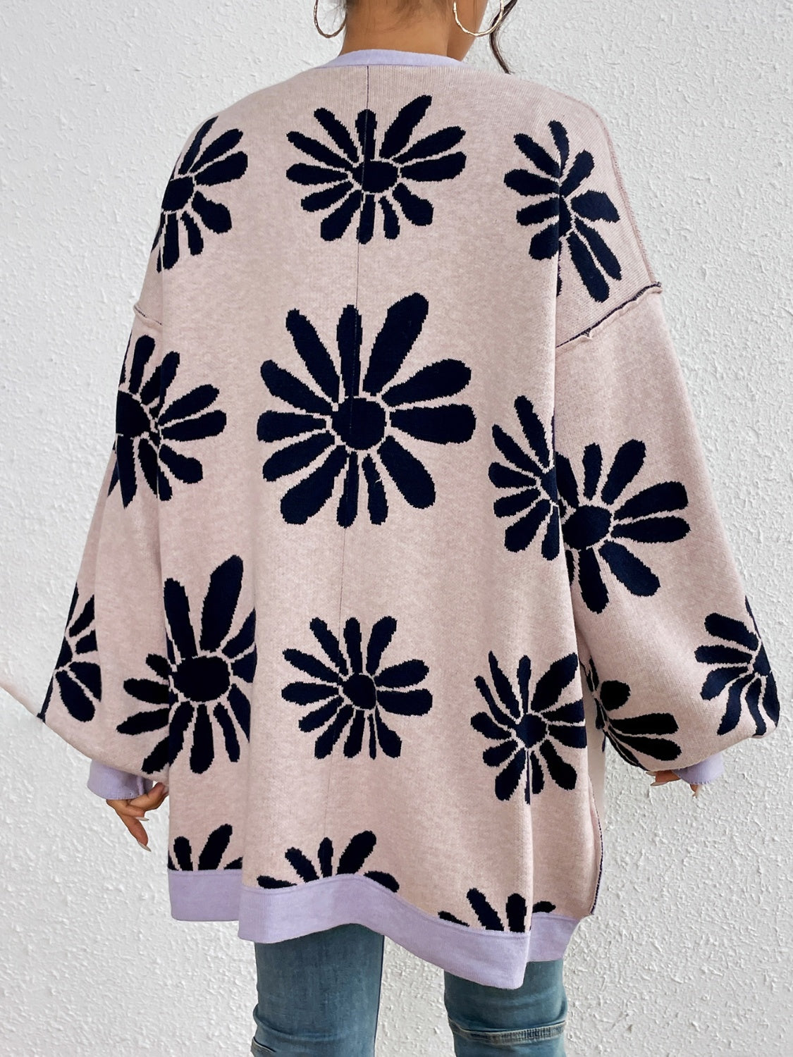 Contrast Dropped Shoulder Long Sleeve Cardigan - Charming Charlie