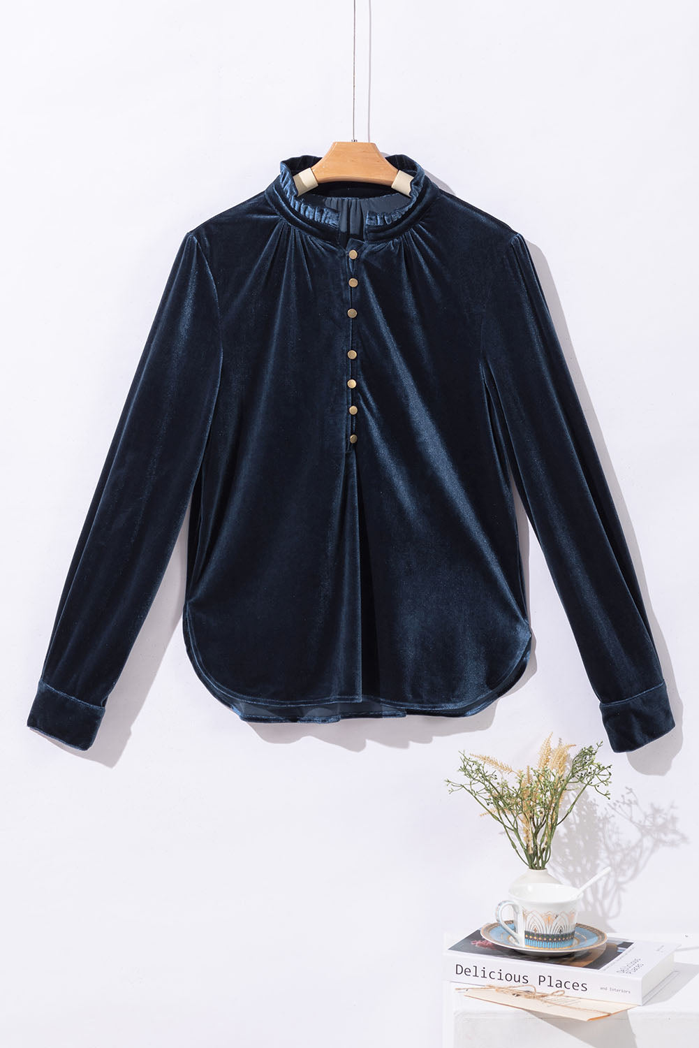 Frill Half Button Mock Neck Long Sleeve Blouse - Charming Charlie
