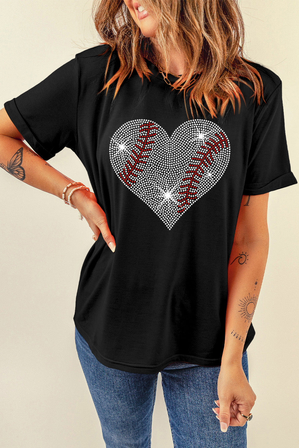 Rhinestone Heart Round Neck Short Sleeve T-Shirt - Charming Charlie