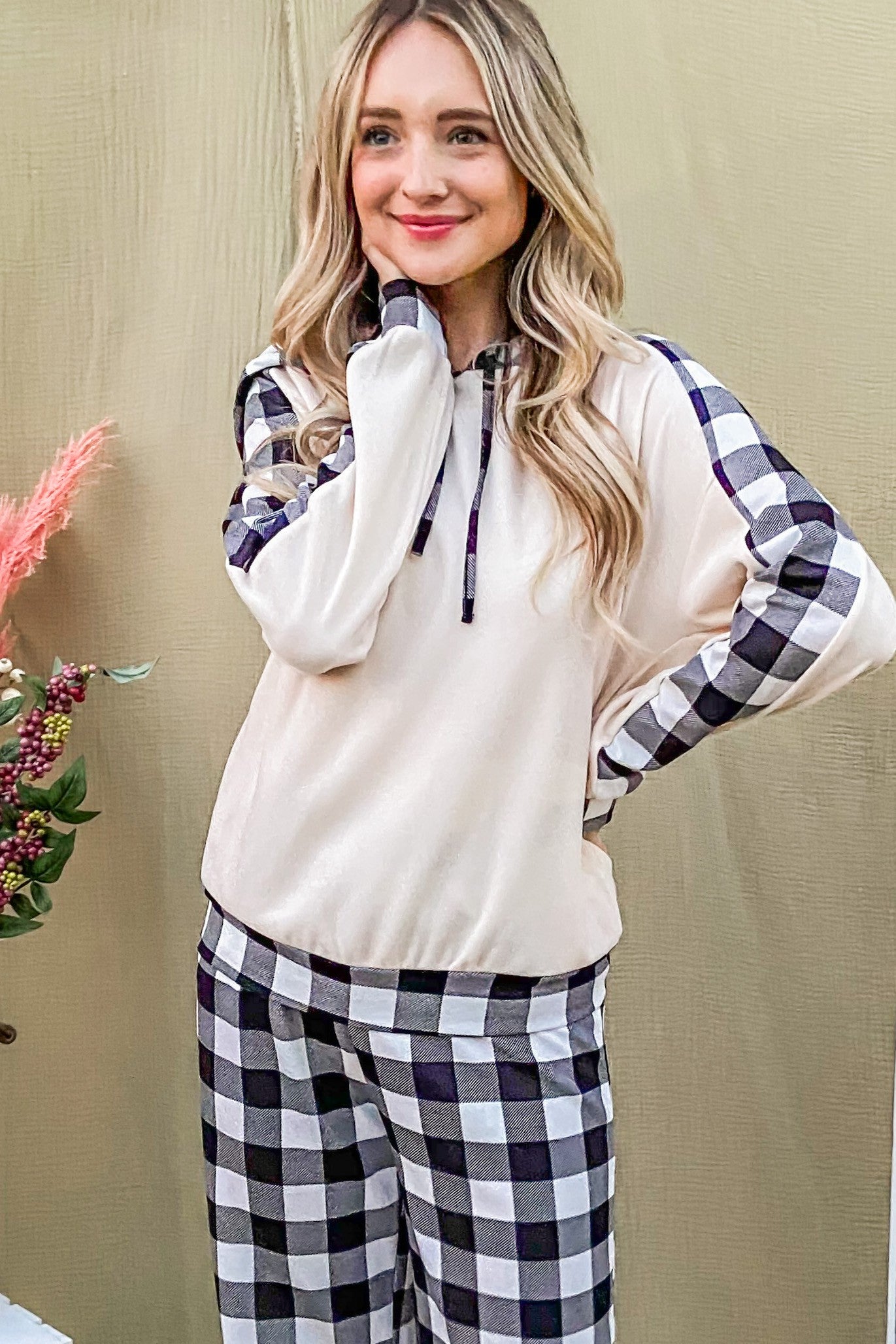 And The Why Drawstring Hooded Top and Plaid Pants Lounge Set - Charming Charlie