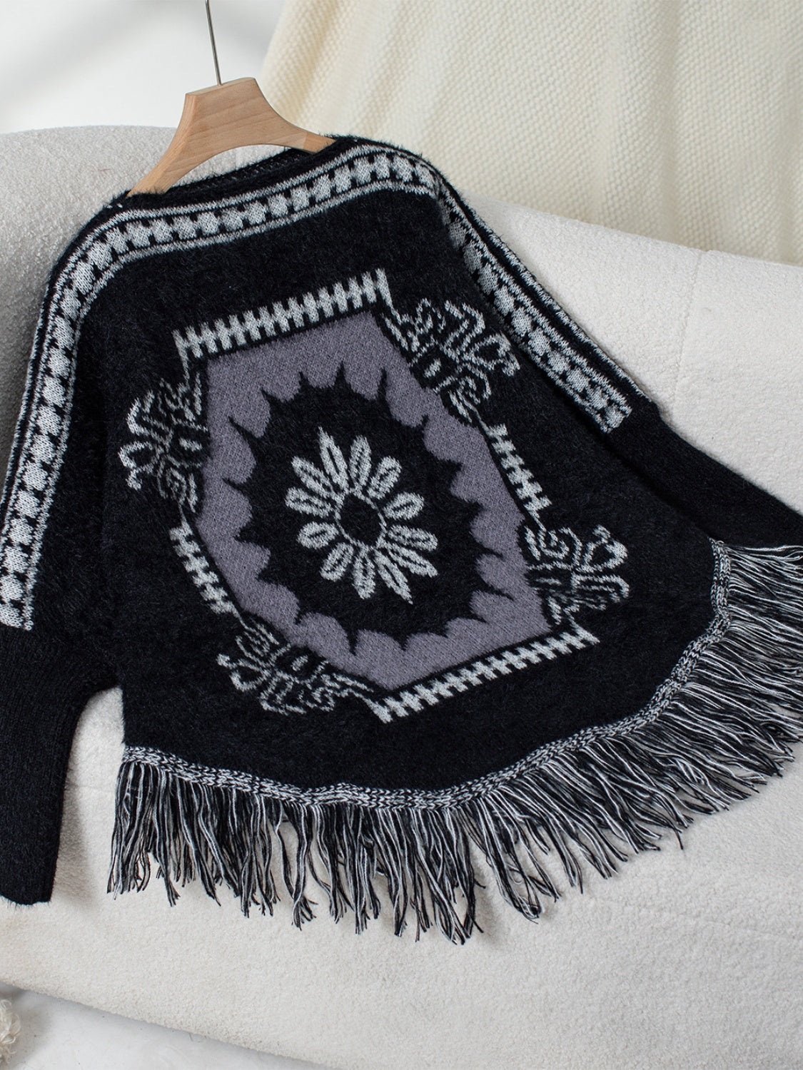 Fringe Geometric Long Sleeve Poncho - Charming Charlie