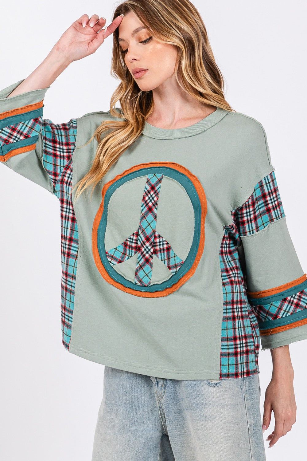 SAGE + FIG Peace Applique Patch Contrast Plaid Top - Charming Charlie