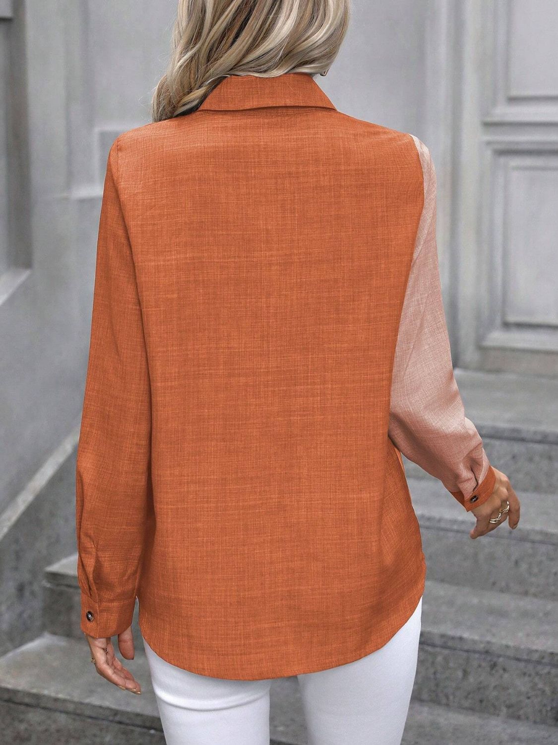 Contrast Collared Neck Long Sleeve Shirt - Charming Charlie